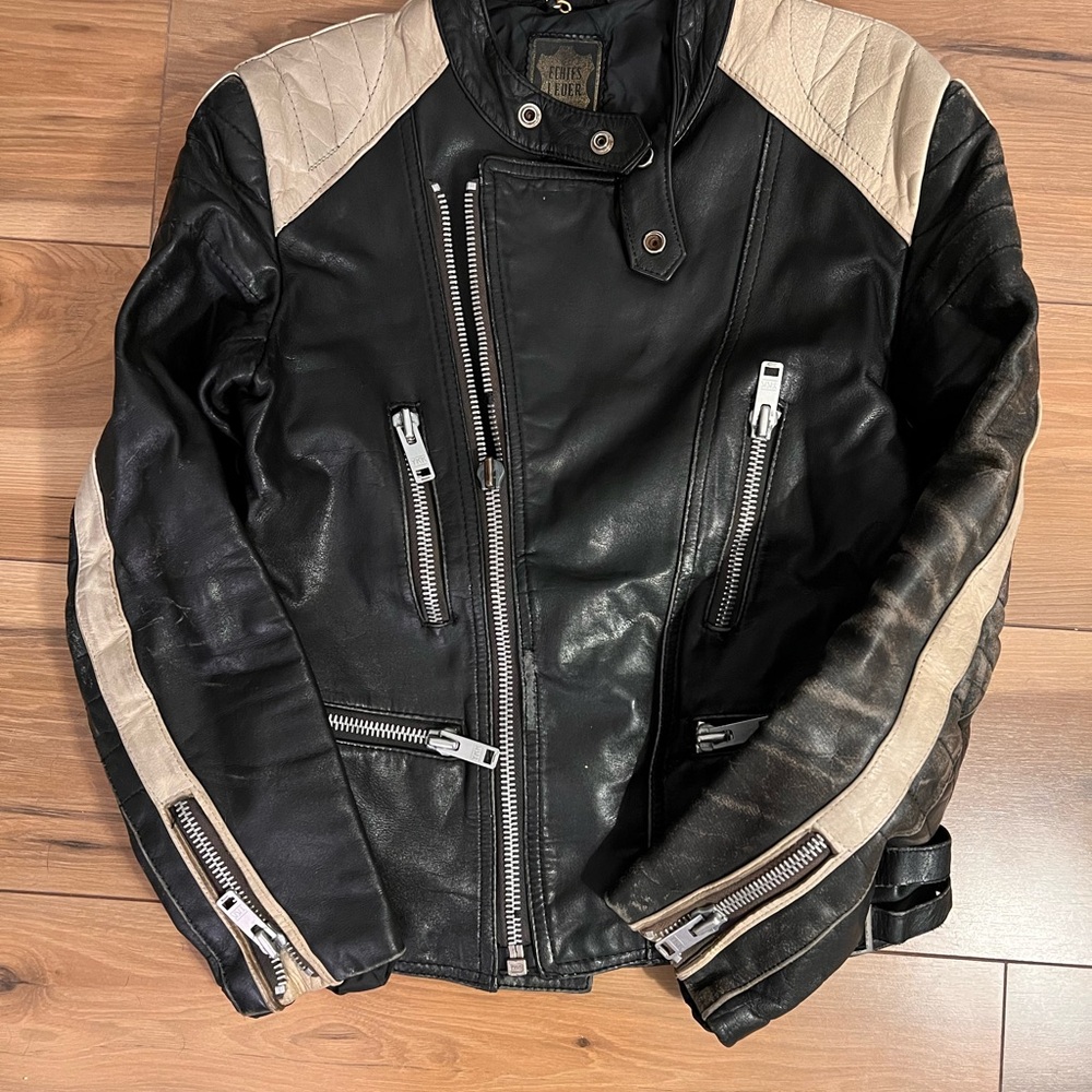 Men's Black and White Leather Motorcycle Jacket